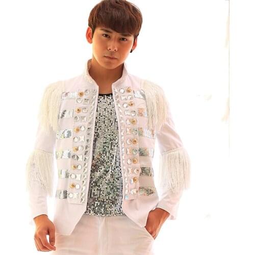 Jazz Dance Costumes Men Stand Collar White Tassel Diamond Sequins Jacket Male Singer Dancer Club Performance Coat Clothing DT797