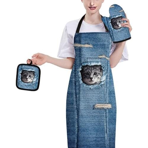 Denim Fabric Animals Print Baking Gloves Mat Heat Resistant Cook Tools Home Non-slip Mats with Clean Apron 3pcs Kitchen Supplies