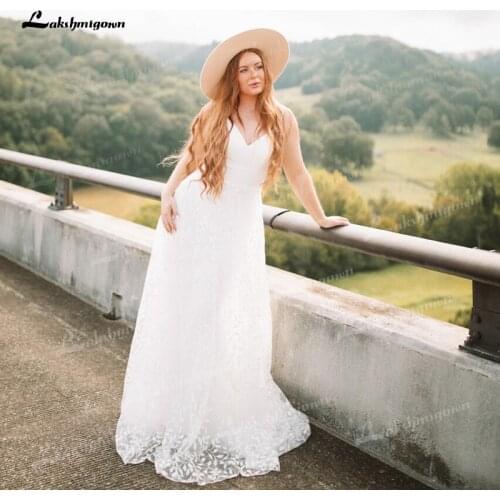 Boho A-Line Lace Wedding Dresses V-Neck Sleeveless Spaghetti Straps Modern Simple Soft Satin Top Backless Court Train Bride Gown