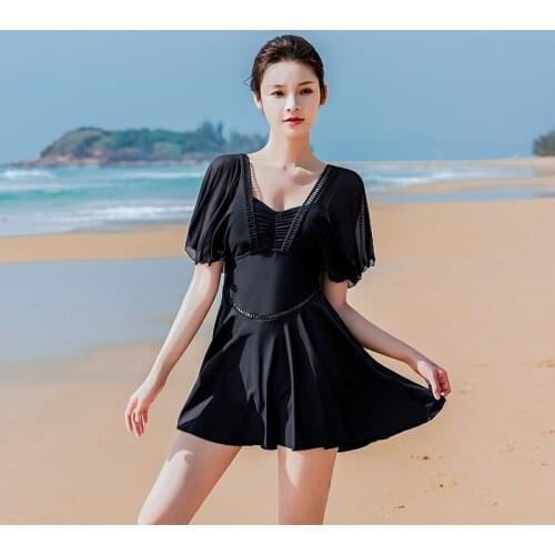Swimsuit female Korean style black sexy lace gathered to cover meat conservative cover belly show thin hot spring one-piece swim