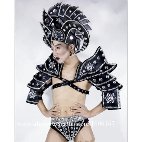 Fashion Nightclub DS Rhinestone Armor With Horn Headwear Men Ballroom Costume Dance Team Party DJ Stage Performance Clothes