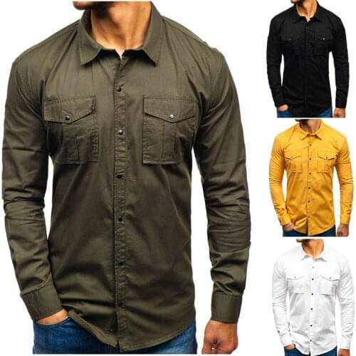 Men Fashion Casual Turn-down Collar Solid Color Long Sleeve Multi-pocket Mens Shirt