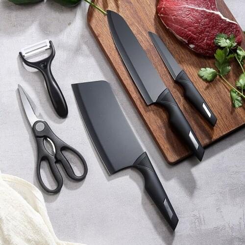 Kitchen Knife Set Stainless Steel Chef Knife Slicing Knife Melon Planer Fruit Knife Scissors Black 5-Piece Set