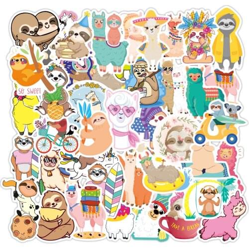YAMIOW Alpaca And Sloth Animals Stickers Cartoon Anime Sticker Pack for Laptop Skateboard Guitar Phone Decal for Childrens Toy