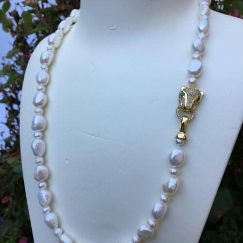 Handmade white freshwater baroque pearl necklace micro inlay zircon leopard head buckle accesories jewelry