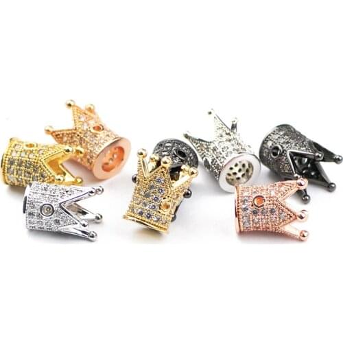HGKLBB 4pcs Crown Pendant Copper Metal beads 8mm Micro Pave Zircon Charms Loose Spacer Bead Jewelry making Beaded&bracelet DIY