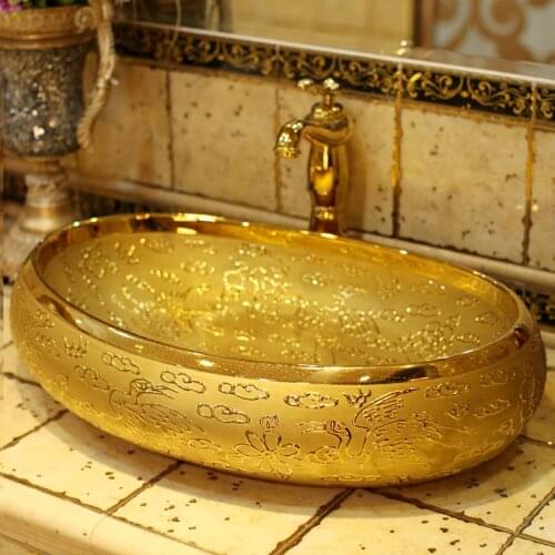 Luxurious Embossed Golden Jingdezhen ceramic art counter basin wash basin lavabo sink ceramic wash basin Bathroom sink