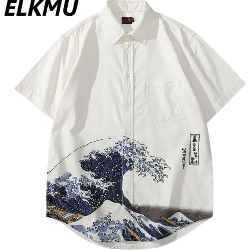 ELKMU White Shirts Ukiyoe Great Wave Print Streetwear Harajuku Summer Shirt Short Sleeve Fashion Casual Shirts Male HM218