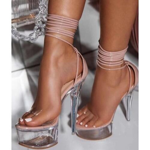 Open Round Toe Platform Lace up Sandals Thick Sole Crystal High Heel 2021 Summer Women Dress High Heel Shoes Long Strap