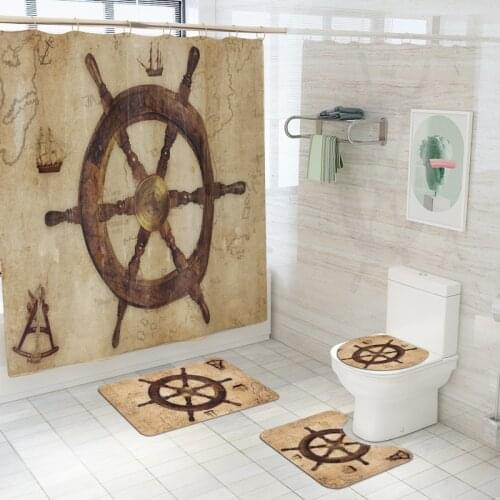 Brown Retro Boat Rudder Fabric Printed Bathroom Shower Curtains Set Non-Slip Rugs Toilet Lid Cover Bath Mat Carpet 180x180cm