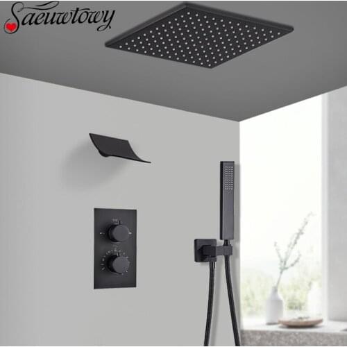 Black Thermostatic Rain Shower Faucet Ceiling Mount Bathroom Shower Faucet Concealed Shower Faucet Set Waterfall Spout Faucet