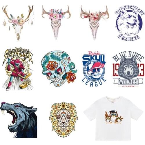 Skull Style Aniaml Patch Iron on Transfer Deer Bear Wolf Patches for Clothing DIY Appliques Heat Transfers for Clothes Stickers