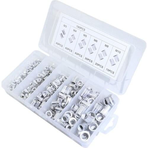 190Pcs Aluminum Alloy Rivnut Flat Head Threaded Insert Cap M3 M4 M5 M6 M8 M10 Rivet Nut Alumium Rivnut Set