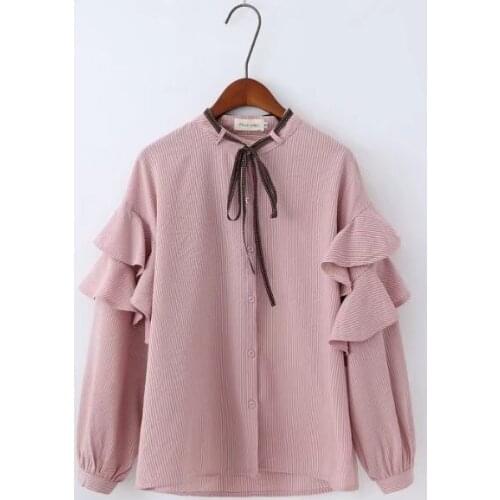 Plus Size Women Elegant Stirped White Pink Green Blouse 2018 Spring Ruffles Shirt Women Tops Round Neck Flare Long Sleeve Blusas