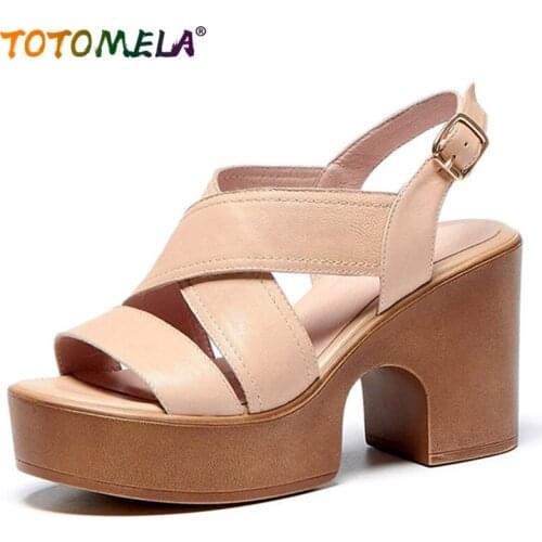 TOTOMELA 2020 new arrive genuine leather shoes women sandals buckle hollow out vintage thick high heel platform sandals ladies