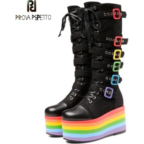 Autumn New High-heeled Color-blocking Thick-soled High Boots Women Waterproof Platform Belt Buckle Cross Strap Side Zipper Boots
