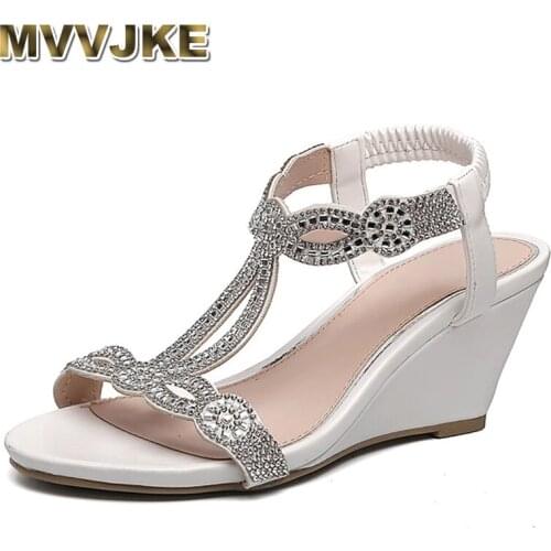 MVVJKE fashion Rhinestone Crystal Sandals Open Toe Hollow Out Slip On Wedges platform woman shoes Summer Beach Roman Style Shoes