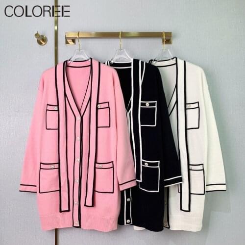 Runway Tops for Women 2021 Autumn Winter Loose Casual V-neck Knitted Sweater Mujer Pink White Black Oversized Cardigan Femme