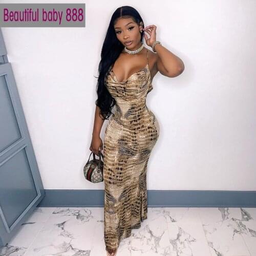 Meqeiss Elegant Backless Snake Print Maxi Mermaid Dress Women Sexy Spaghetti Strap Bodycon Streetwear Leisure Vacation Clothes