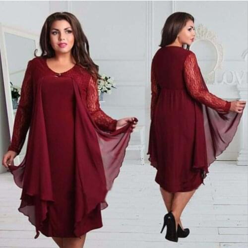 2020 Women Dress Plus Size Sheer Lace Sleeve High Low Hem O-neck Swing Dress Casual Party Dresses Large Sizes 6xl Vestidos