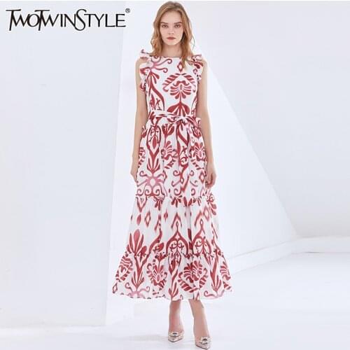TWOTWINSTYLE Print Patchwork Ruffle Spring Dress Female O Neck Sleeveless High Waist Vintage Maxi Dresses For Women Fashionable