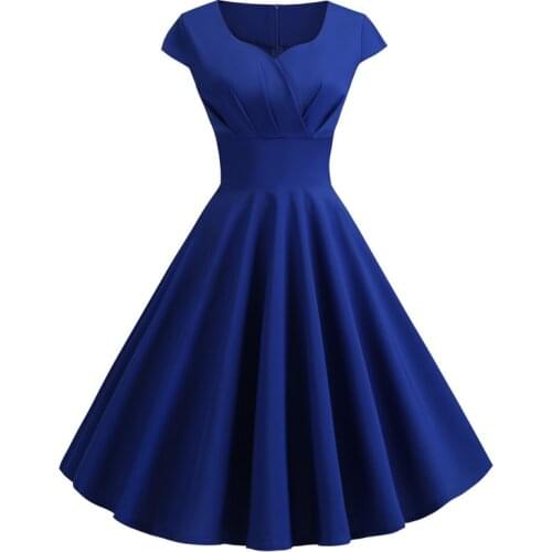 Womens Summer Dresses Vintage Elegant V Neck Solid Color Vestido 2019 A-Line Pinup Business Party Office Women Flare Blue Dress