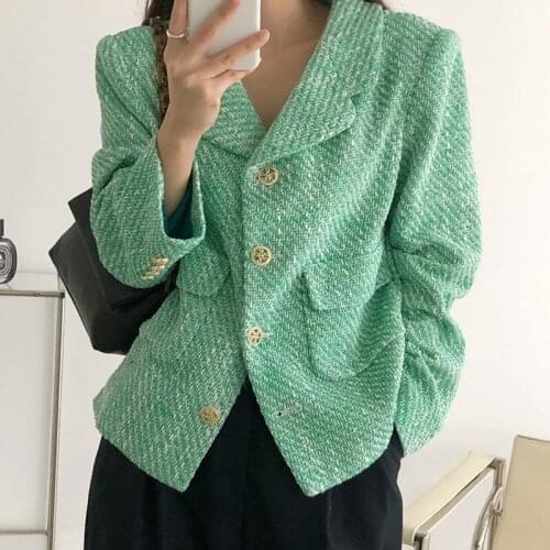 2021 Spring Vintage Womens Weave Tweed Short Coat Green Yellow Slim Single-breasted Long Sleeve Female Outwear Chaqueta Mujer