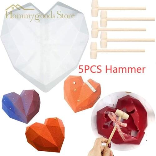 1 pc Heart Shape Silicone Cake Mold with Mini Wooden Hammers Chocolate Mousse Dessert Baking Silicone Fondant Mold DIY