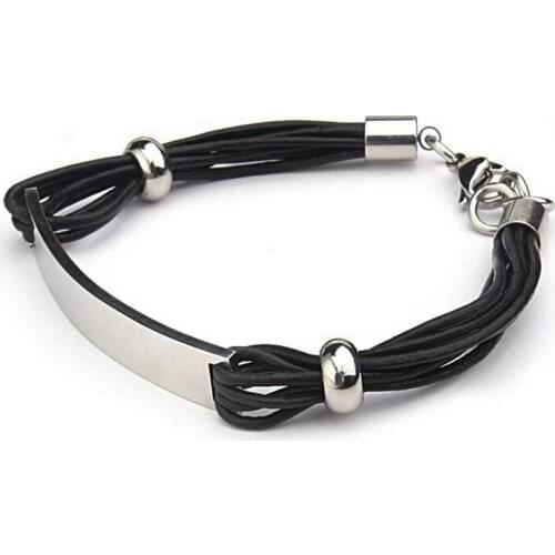 1X Black/Dark coffee Genuine Leather 316L Stainless Steel ID Bracelets for Men and Women