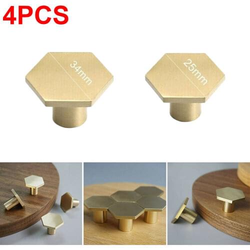 4pcs Brass Cabinet Knob Brushed Hexagon Knobs Gold Drawers Pulls Furniture Decorative Handles Hardware Supplies