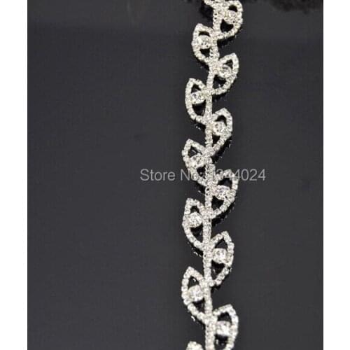 5 Yards High Quality Sewing On Clear Crystal Chain Leaf Shape Bling Bridal Rhinestone Trim
