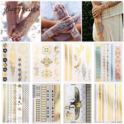 8 Sheets Metallic Tattoo Temporary Sticker Wing Eye Flower Lace Chain Design Fake Bracelet Tattoo Chest Body Art Decal for Women