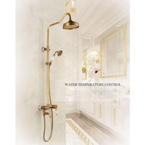 Antique Brushed Brass Faucets Wall Mounted Rain Lifting Shower Faucets Tub Shower Faucet with 8 inch Shower Head + Hand Shower