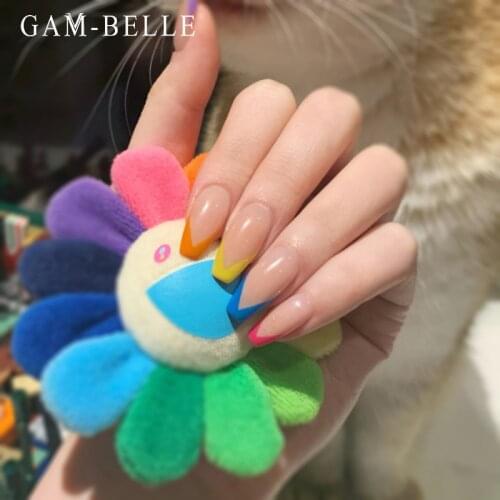 GAM-BELLE Fake Press On Nails Rainbow Color Ballerina Full Cover Detachable Artificial False Nail Tips Manicure Accessories