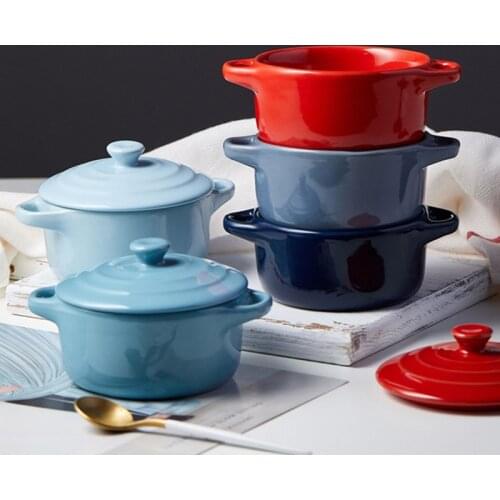 Ceramic Color glazed Double Ear Bowl with Lid Stew Breskfast Steamed Egg Pudding Bowl Baking bowl Kitchen Supply