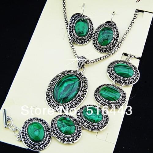 Hot Sale Promotion 3pcs Vintage Antique Silver Oval Natural Malachite Stone Earrings Bracelet Necklace Women Jewelry Set A698