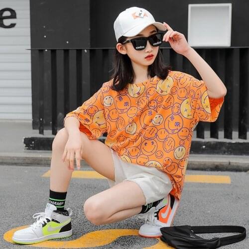 Summer Girl Mid-Iength Short-Sleeved t-Shirt New Western Style Summer Clothes Big Boy Girl loose T-Shirt Top Baby Girl Clothes