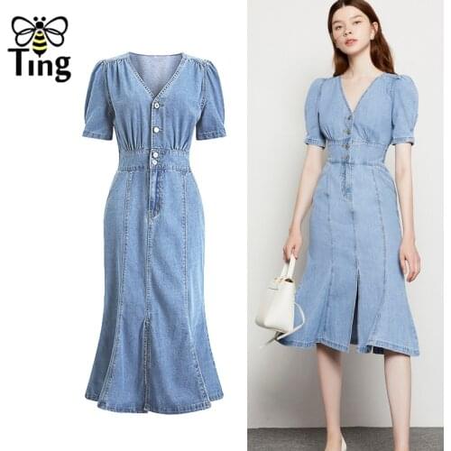 Tingfly 2021 Fashion Denim Dress Chic V neck Button Up Vintage Elegant Mermaid Denim Midi Dress Summer Casual Zaful Vestido girl