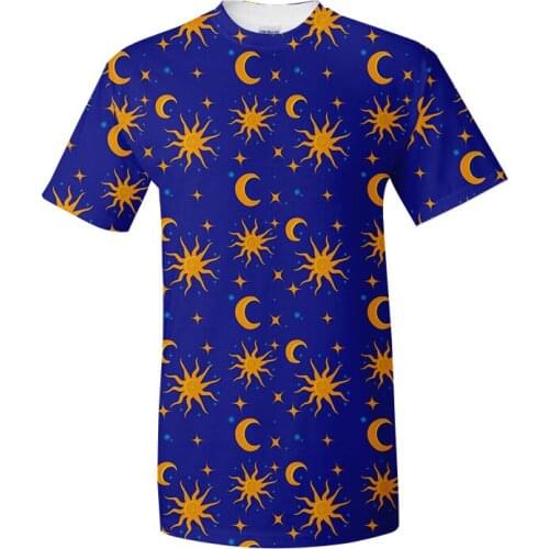 Funny sun and moon patterns black and blue mens custom design t-shirt