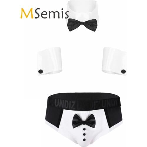 Mens Lingerie Sexy Briefs Underwear Set Block Cute Bowknot Bow Tie Tuxedo Panties with Collar Cuffs Role Play Costume Nightwear
