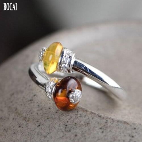 2021 New real S925 pure silver fashion female ring retro Thai silver amber beads simple adjustable silver ring for woman