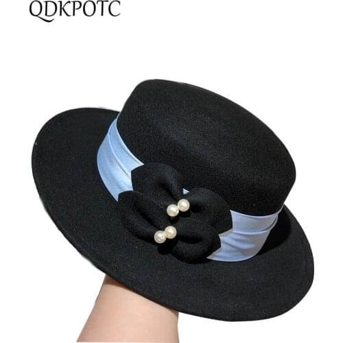 2021 New Autumn Winter Hat Women High Quality Wool Fedoras Fashion England Celebrities Cute Bow-Knot Flat Top Jazz Cap QDKPOTC