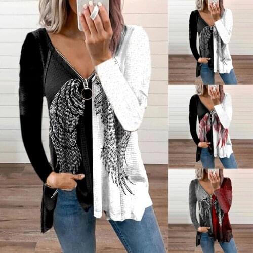 Ladies Tshirt V-neck Zipper Womens Tops Autumn Fashion Wings Printed Long Sleeve T-shirt Loose Pullover Blouses Chemisier Femme