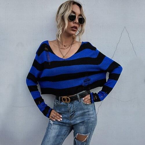 Autumn Sexy Off The Shoulder V Neck Knitted Sweater Stripe Blue Women Jumper Long Sleeve Pullover Knitted Sweater Knitwear