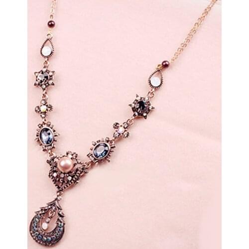Fashion Boho Palace Style Shiny Rhinestone Moon Teardrop Oval Statement Necklace