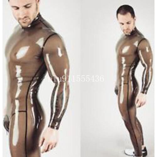 Sexy Handmade Unisex Latex Catsuit Transparent Black with Black Trims Tight Transvestite Back Zipper Bodysuit for Men