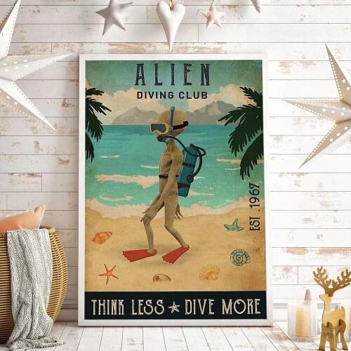 Nordic Vintage Art Painting Alien Poster Funny Surfing Cycling Diving Prints Retro Wall Pictures Sport Club Kid Room Home Decor
