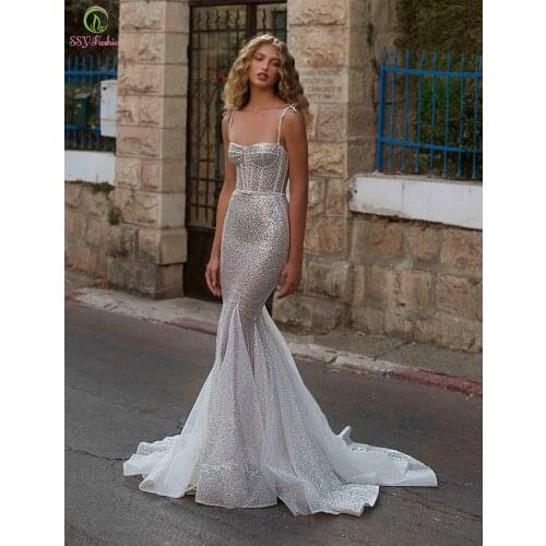 SSYFashion New Sexy Mermaid Evening Dress for Women Sweetheart Sequins Slim Fishtail Beach Party Formal Gown Vestido De Novia