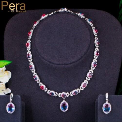 Pera Shining Rainbow Oval CZ Zircon Pendant Wedding Jewellry Sets Bridal Necklace Earrings for Women Costume Party Jewelry J415