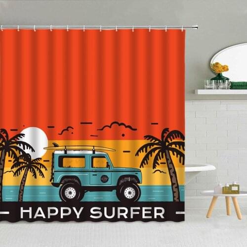 Hand Drawn Summer Station Wagon Coconut Tree Shower Curtain Polyester Fabric High Quality Bath Screen With Hook Decor 3D Printed